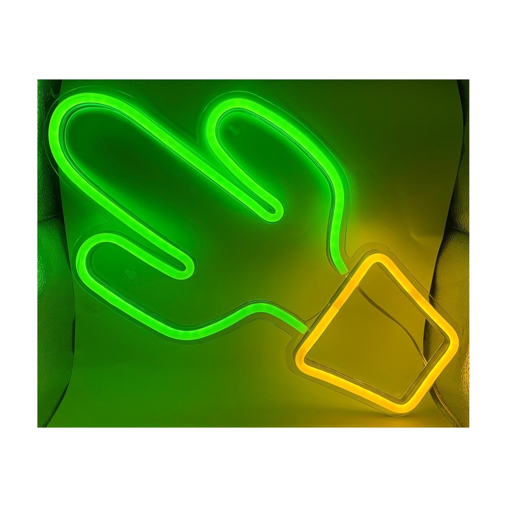 LED Neon Wall Sign 19x10 Green Yellow Potted Cactus USB Art Decor